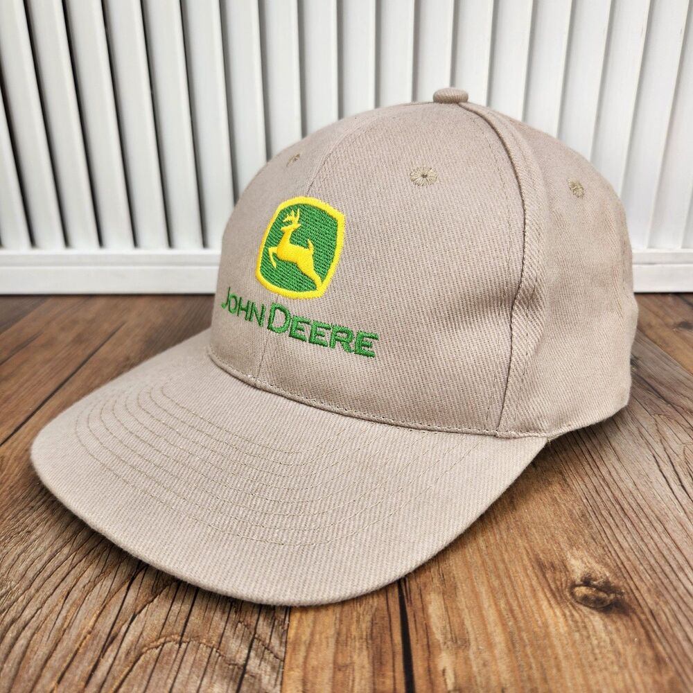 VTG John Deere Hat KC Caps Tan Snapback Green Yellow Logo Farming Promotional
